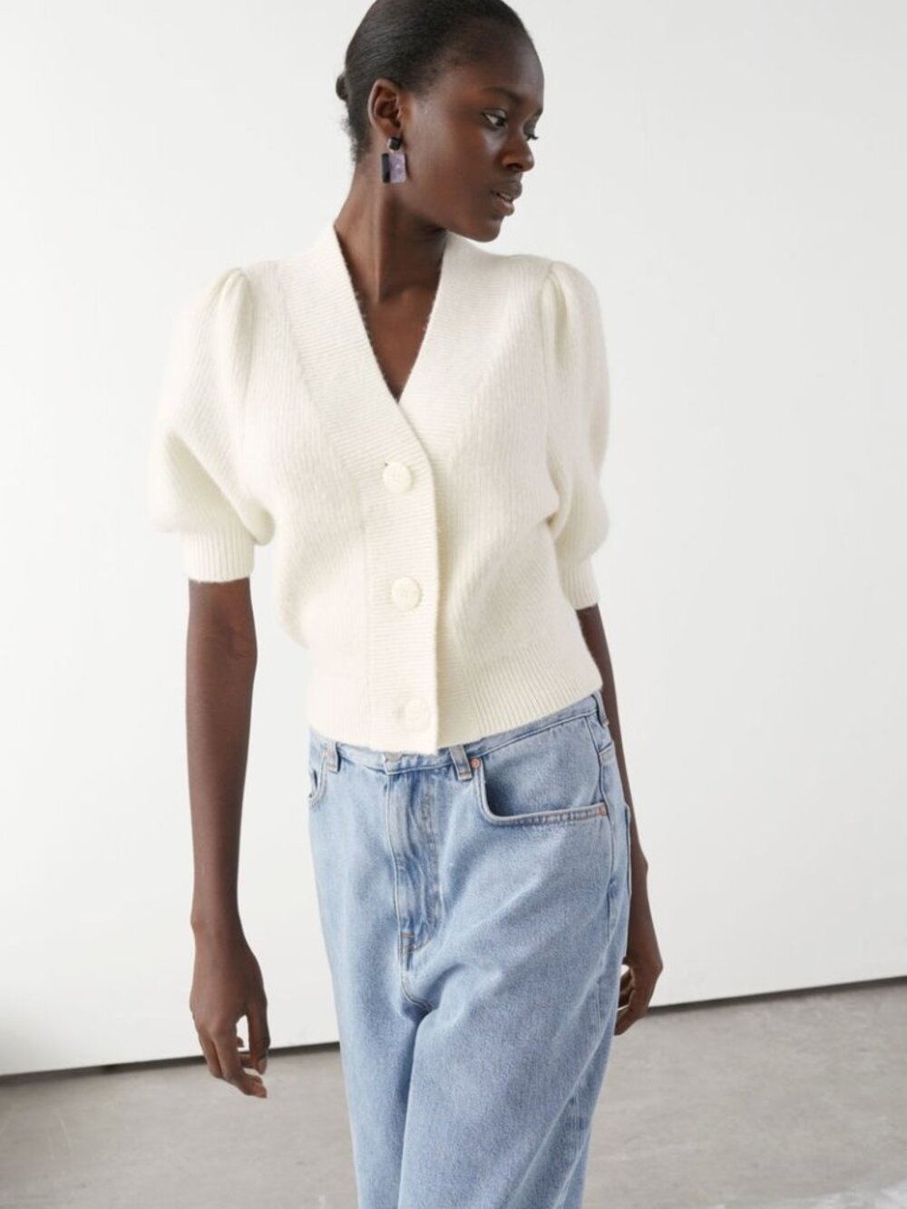 & Other Stories Puff Sleeve Wool Blend Cardigan Size S